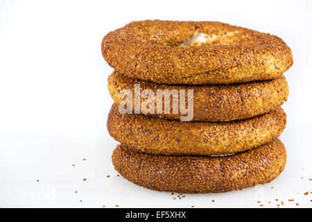 pile of simit, Turkish bagels Stock Photo