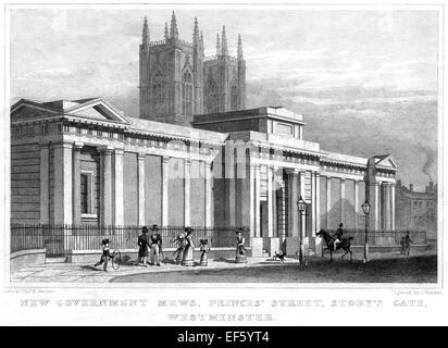 An engraving of New Government Mews, Princes Street, Storys Gate, Westminster scanned from a publication printed in 1828. Stock Photo