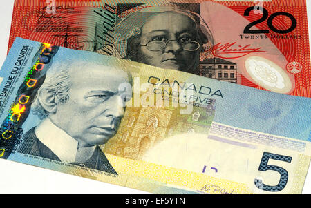 Canadian Dollar and Australian Dollar Bank Notes Stock Photo