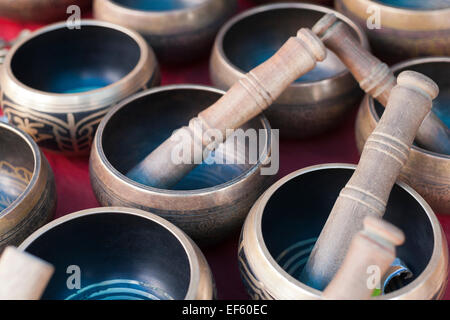 Leh, Ladakh, India. Close-up of Buddhist singing bowls, for sale in the Tibetan Market Stock Photo