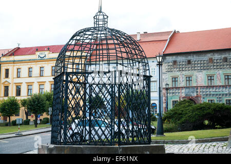 Wire cage where woman were  punished for adultery in middle ages, on the main square, Levoca, Slovakia, Europe Stock Photo