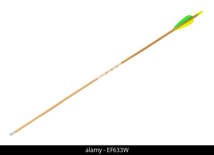 Wood Archery Arrow with Green and Yellow Flething Isolated on White Background. Stock Photo