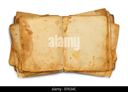 Messy Open Old Book with Copy Space Isolated on White Background. Stock Photo