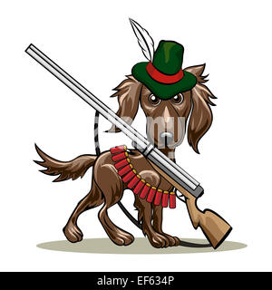 Humorous illustration of dog in a hunter hat and gun with cartridges. Isolated on white background. Stock Photo