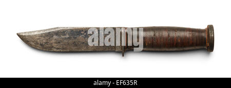 Worn Buck Knife Side View Isolated on White Background. Stock Photo
