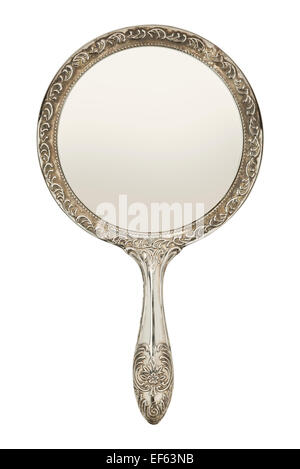 Vintage hand held vanity mirror jade handle silver tone factory birds floral metal