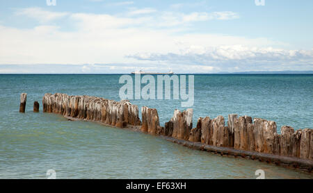 Remnants of an old pier at Whitefish Point in upper Michigan, with a large tanker ship in the distant Stock Photo