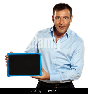 one caucasian business man holding a blackboard copy space message in studio isolated on white background Stock Photo