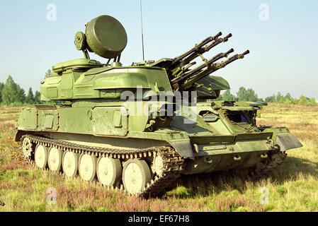 The ZSU-23-4 'Shilka' is a lightly armored, self-propelled, radar guided anti-aircraft weapon system (SPAAG) 1999. Stock Photo