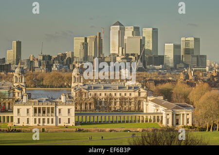 Royal Naval Hospital Greenwich with Canary Wharf in background London Stock Photo