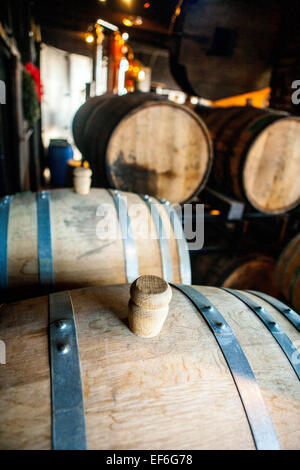 Close up of the bung stopper on a wooden cask. Stock Photo
