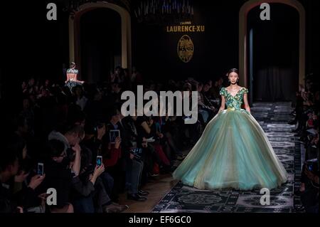 Paris, France. 27th Jan, 2015. A model presents a creation by Laurence Xu during his 2015 Haute Couture Spring-Summer collection fashion show in Paris, France, Jan. 27, 2015. Credit:  Chen Xiaowei/Xinhua/Alamy Live News Stock Photo