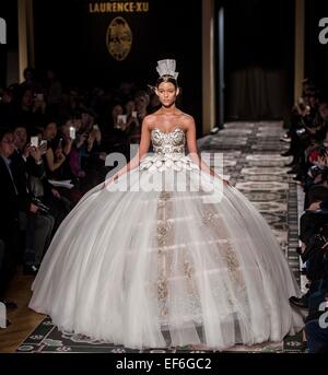 Paris, France. 27th Jan, 2015. A model presents a creation by Laurence Xu of his 2015 Haute Couture Spring-Summer collection fashion show in Paris, France, Jan. 27, 2015. Credit:  Chen Xiaowei/Xinhua/Alamy Live News Stock Photo