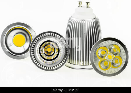 four GU10 LED bulbs with different sizes of chips and cooling Stock Photo
