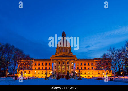 Alberta Legislature with Christmas tree and lights display, Edmonton, Alberta, Canada Stock Photo