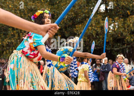 Urban Zendath Kes, a Sydney based Torres Strait Islander dance group performing in the rain, Yabun Festival Australia Day 2015. Stock Photo