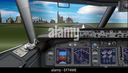 Cockpit, passenger aircraft on the runway, illustration Stock Photo