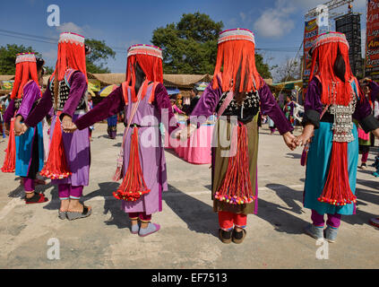 Lisu women dancing at the New Year Festival in Mae Salong, Chiang Rai Province, Thailand Stock Photo