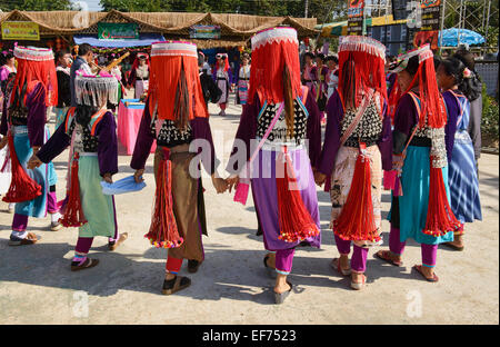 Lisu women dancing at the New Year Festival in Mae Salong, Chiang Rai Province, Thailand Stock Photo