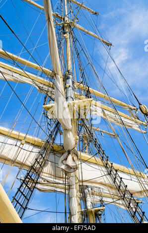Sails and tackles of a sailing vessel on a background of the sky Stock Photo