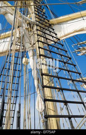 Sails and tackles of a sailing vessel on a background of the sky Stock Photo