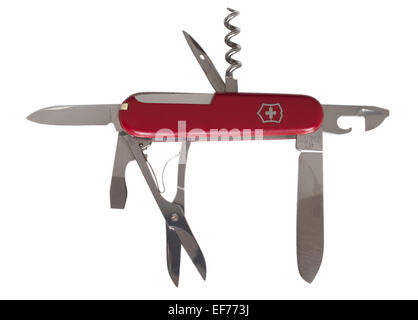 A Victorinox original Swiss army knife showing multifunction tools available, isolated on a white background Stock Photo