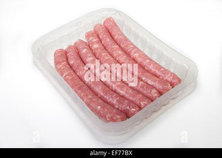 Spicy pork sausages on the package, isolated on white background Stock Photo