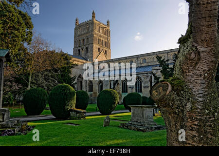 Tewkesbury Abbey is next largest parish church in England, former monastery that is Norman with a Romanesque crossing tower Stock Photo