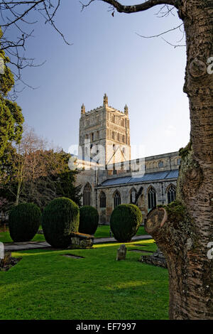 Tewkesbury Abbey is next largest parish church in England, former monastery that is Norman with a Romanesque crossing tower Stock Photo