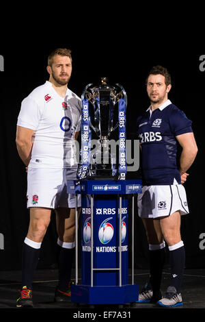 London, UK. 28th Jan, 2015. 6 Nations Launch. Team captains pose with the new trophy during the RBS 6 Nations media Launch from the Hurlingham Club. (l-r) Chris Robshaw, Greig Laidlaw Credit:  Action Plus Sports/Alamy Live News Stock Photo