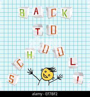 Vector inscription Back to school from 3D volume parer cubic letters on the school sheet of paper Stock Vector