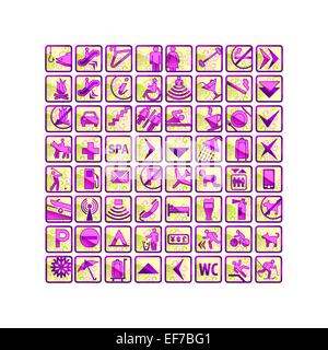 64 multicolored hotel icons - pink,green,violet and yellow joyful colors Stock Vector