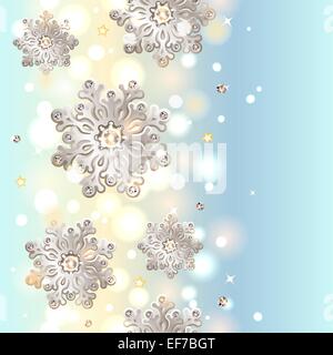 Shiny Blue Christmas Seamless Background with silver snowflakes with diamonds Stock Vector