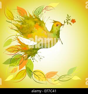 Watercolor Green Dove flying with flower branch and leaves - autumn background Stock Vector