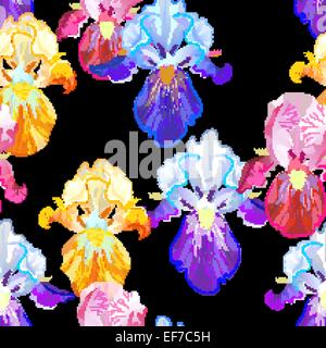 Vector seamless pattern with violet,orange and vinous Iris flowers on the black background Stock Vector