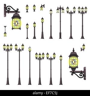 Vector set of isolated Street lanterns in Vintage style with different types of stands and openwork convoluted details Stock Vector