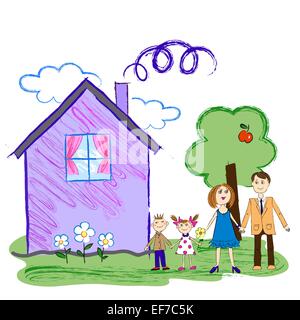 Vector Crayon Kids Sketch With Happy Family, Mother, Father and Children with House and apple tree,isolated on the white backgro Stock Vector