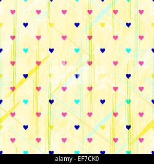 Vector seamless abstract vintage grunge yellow pattern with multicolored hearts Stock Vector