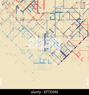 Vector architectural beige square background with blue,orange and violet plans of building Stock Vector