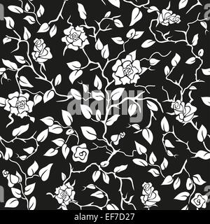 Beautiful black seamless background with intertwining branches, leaves and roses Stock Vector