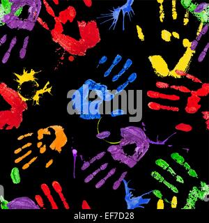 Vector black seamless pattern with bright multicolored paint handprints Stock Vector