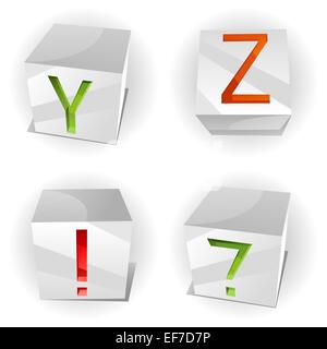 Vector 3D volume alphabet with shiny red, green and orange letters in paper cubes,letters Y,Z and punctuation: question and excl Stock Vector