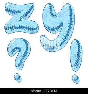 Blue grunge crayon hand drawn doodle alphabet letters Z,Y and punctuation marks Stock Vector