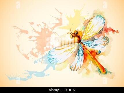 Vector grunge horizontal background with beautiful watercolor flying orange dragonfly Stock Vector
