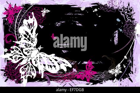 Vector pictorial grunge background with white and pink butterflies and flowers Stock Vector