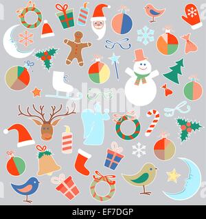 New Year and Christmas vector isolated Christmas toys and objects decorations objects on the gray background Stock Vector