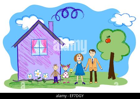 Vector Crayon Kids Sketch With Happy Family, Mother, Father and Children with House in horizontal format Stock Vector
