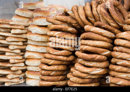 Turkish bread or simit for sale on the street in Istanbul, Turkey. Popular for breakfast or as a snack, typically encrusted with sesame seeds. Stock Photo