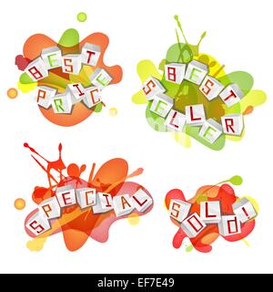 Sale design elements with 3D cube letters on the bright splash Stock Vector