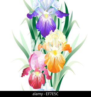 Vector seamless pattern with violet,orange and vinous Iris flowers on the white background Stock Vector